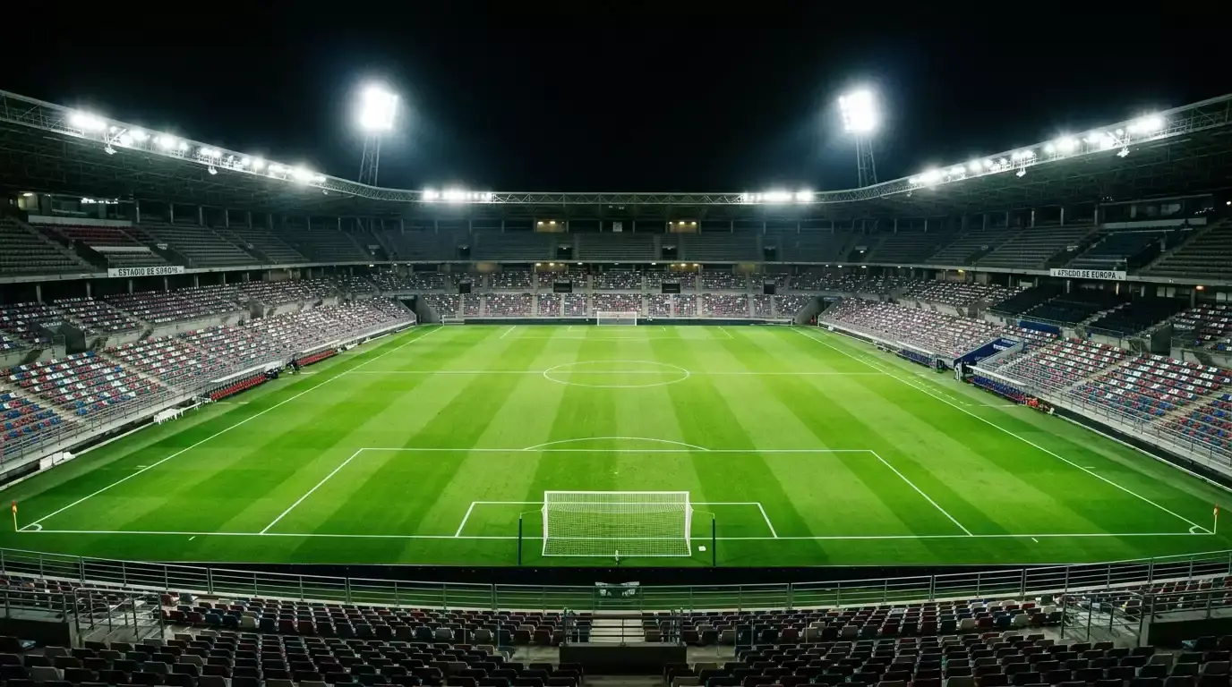 Campo de fútbol iluminado por focos en un partido nocturno de competición europea