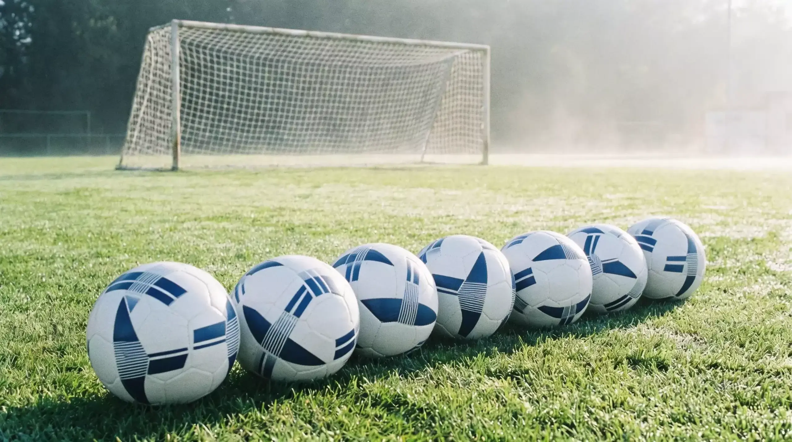 Varios balones de fútbol alineados sobre césped con porterías al fondo en un campo de entrenamiento
