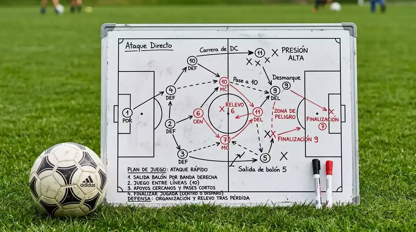 Pizarra táctica de fútbol con líneas y flechas junto a un balón sobre césped