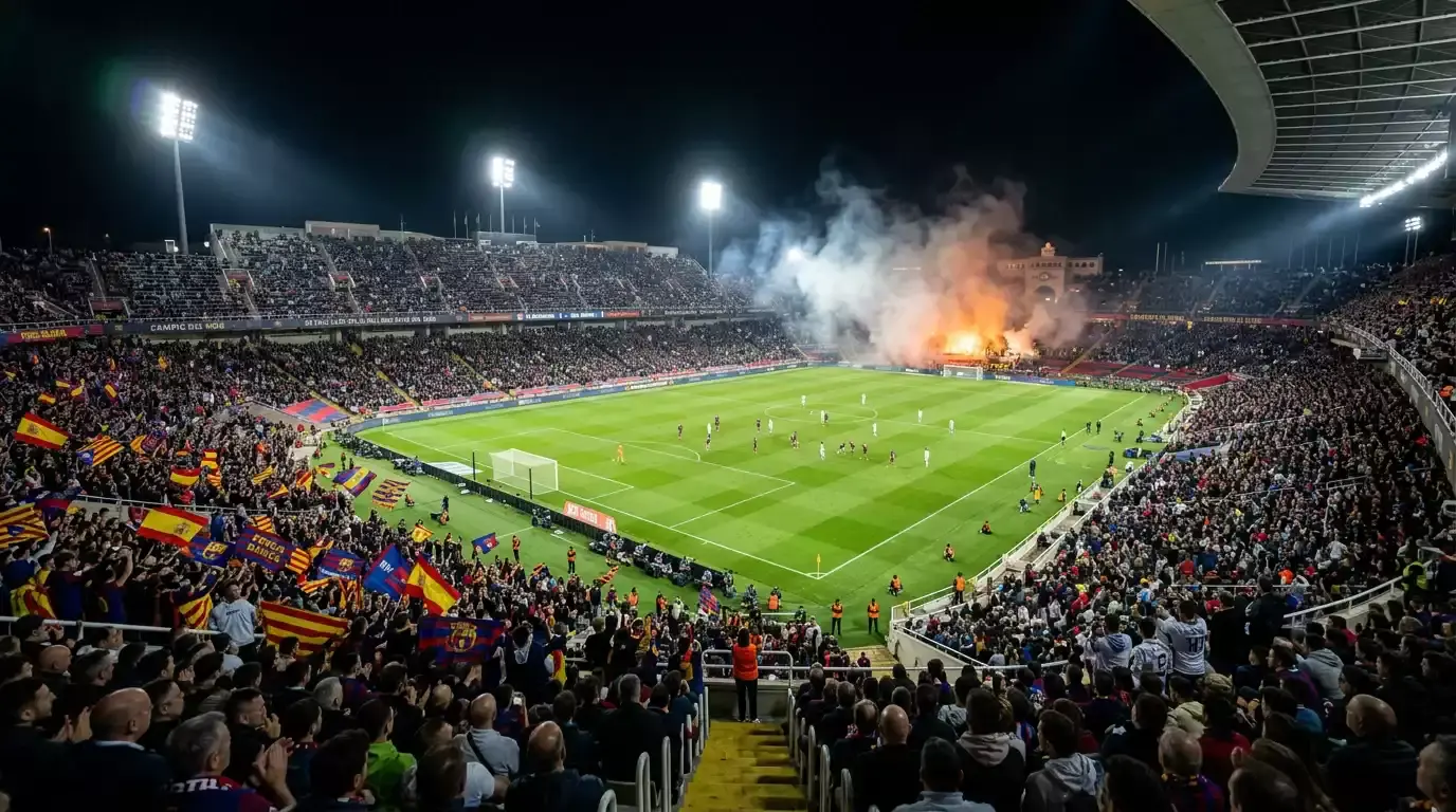 Apuestas de fútbol en directo: estadio lleno durante un partido nocturno bajo focos