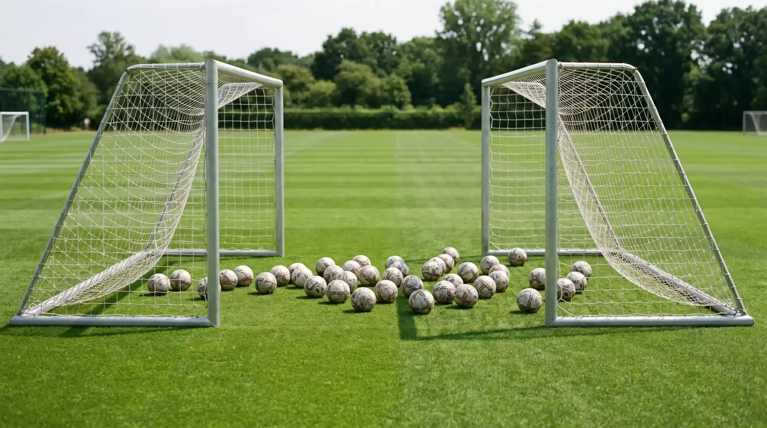 Dos porterías de fútbol enfrentadas en un campo de entrenamiento con balones esparcidos