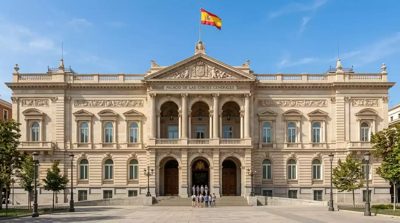 Casas de apuestas legales en España: fachada de un edificio oficial con bandera española