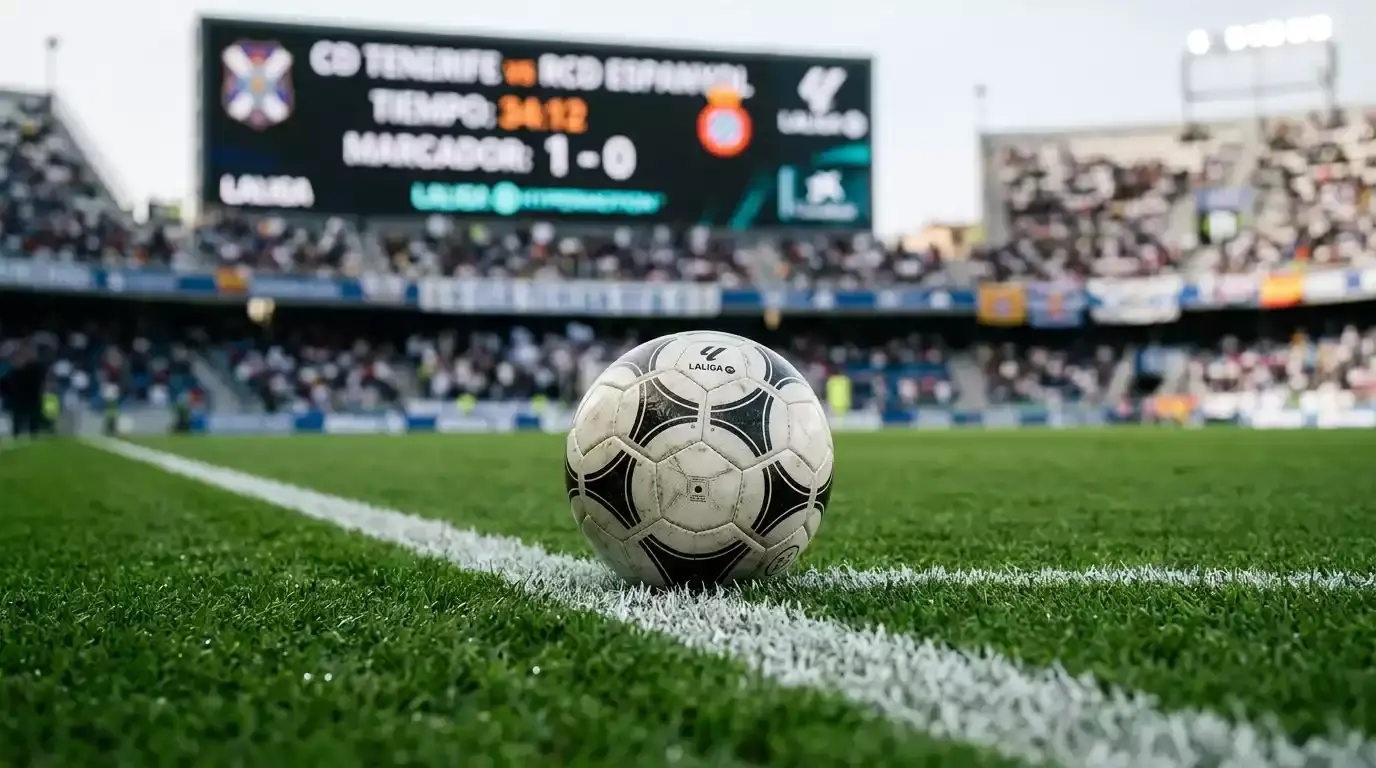 Balón de fútbol sobre la línea del campo con marcador electrónico desenfocado al fondo