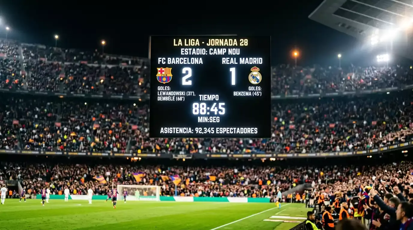 Cuotas de fútbol: primer plano de un marcador en un estadio de fútbol iluminado