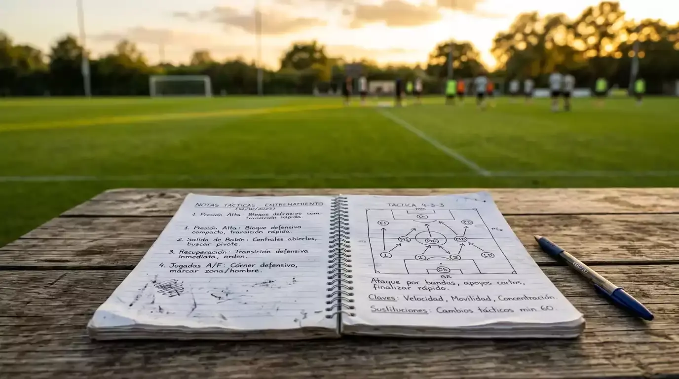 Estrategias de apuestas de fútbol: cuaderno de notas junto a un campo de fútbol iluminado