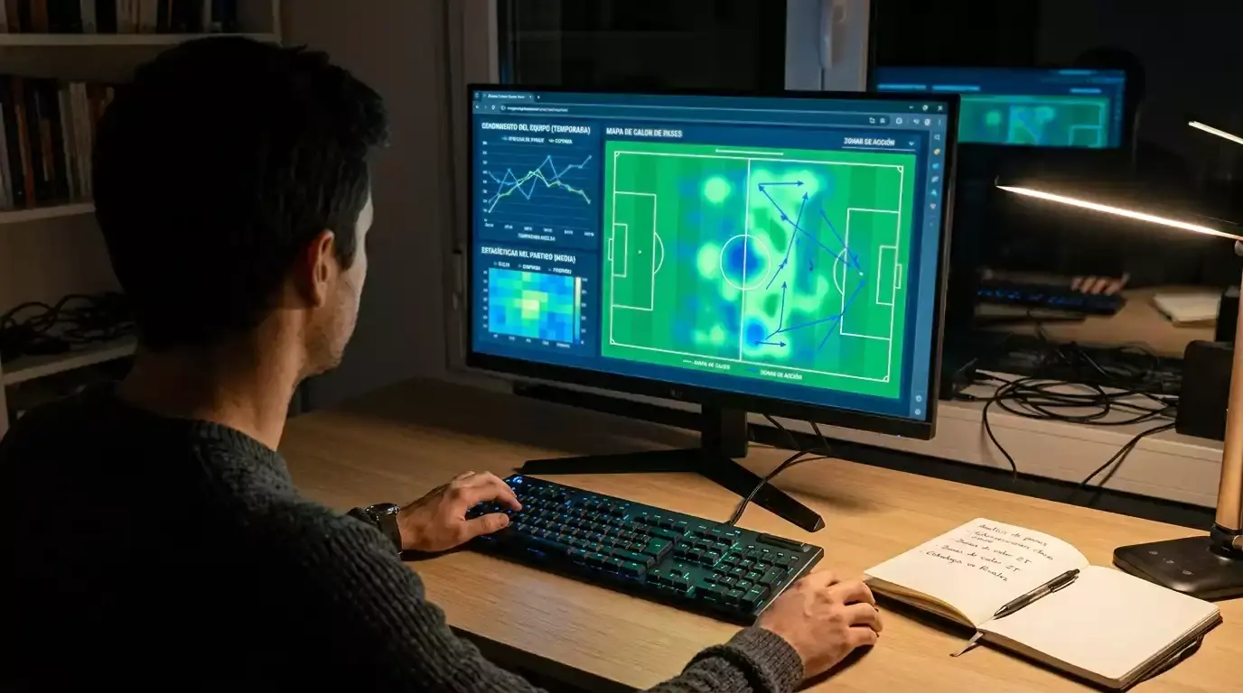 Inteligencia artificial aplicada a pronósticos de fútbol: pantalla con datos avanzados y métricas xG