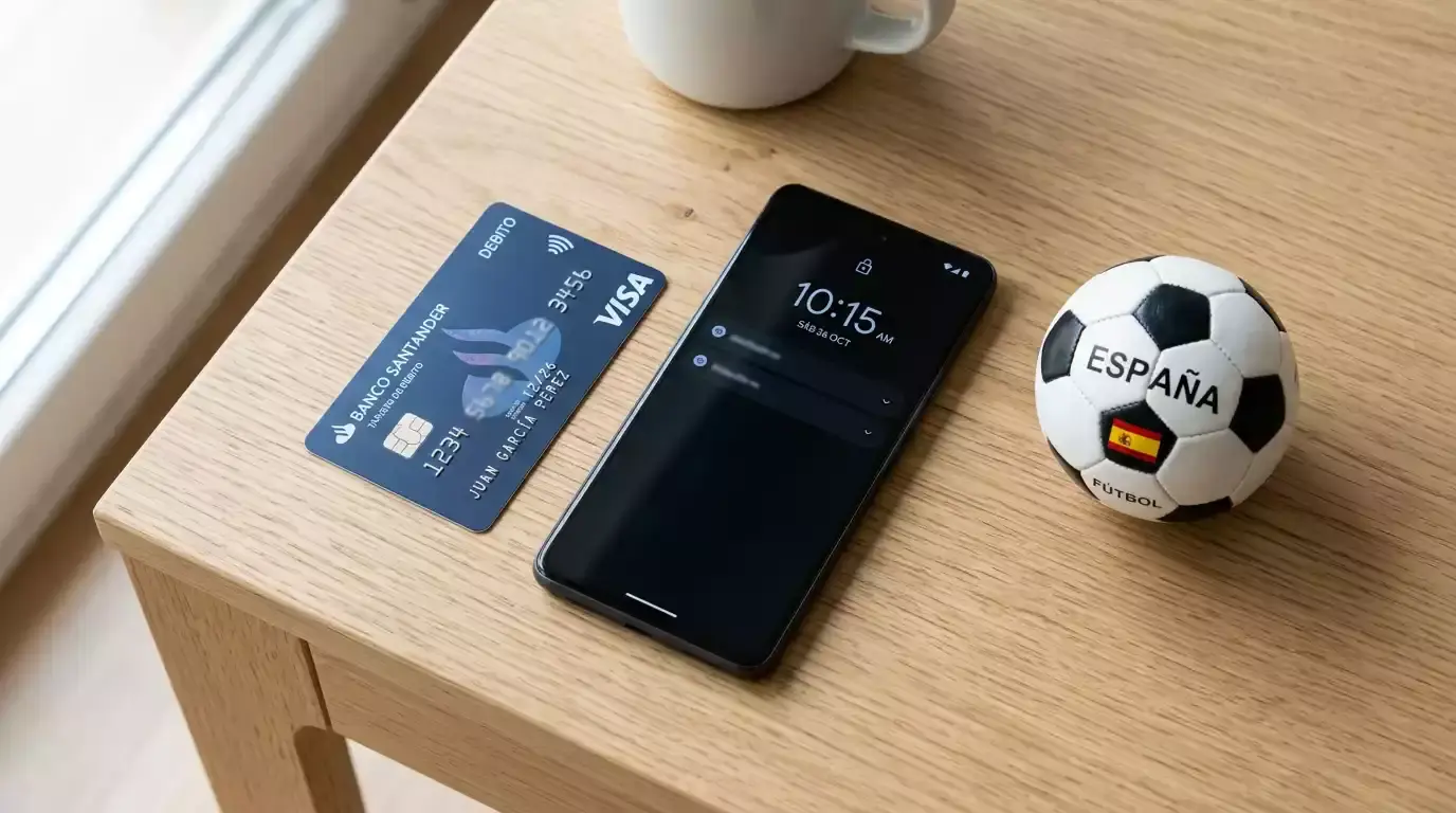 Tarjeta bancaria y teléfono móvil sobre una mesa junto a un balón de fútbol pequeño