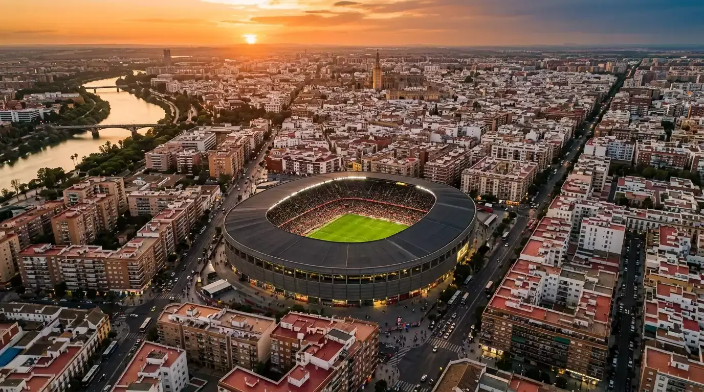 Vista aérea de un estadio de fútbol español rodeado de ciudad bajo luz dorada del atardecer