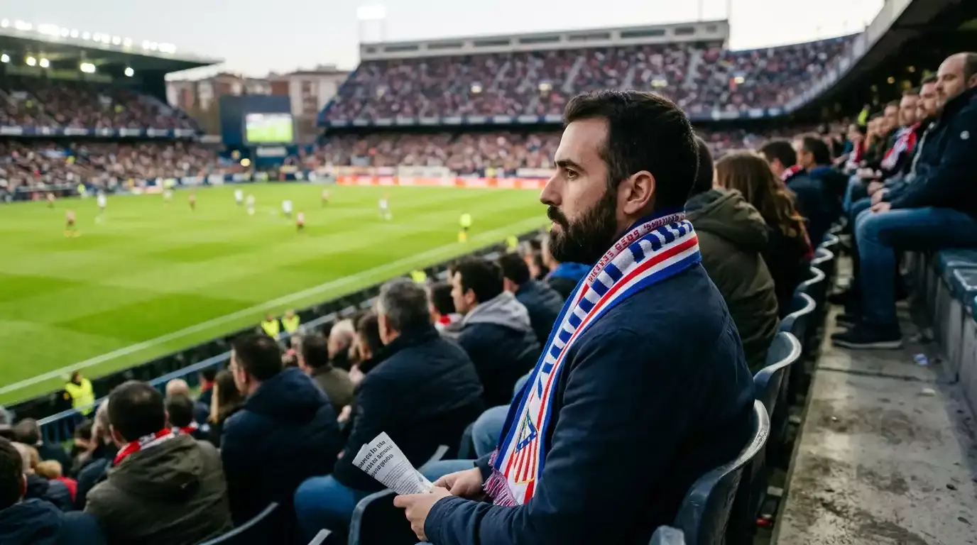 Aficionado de fútbol con bufanda sentado en la grada de un estadio mirando el campo
