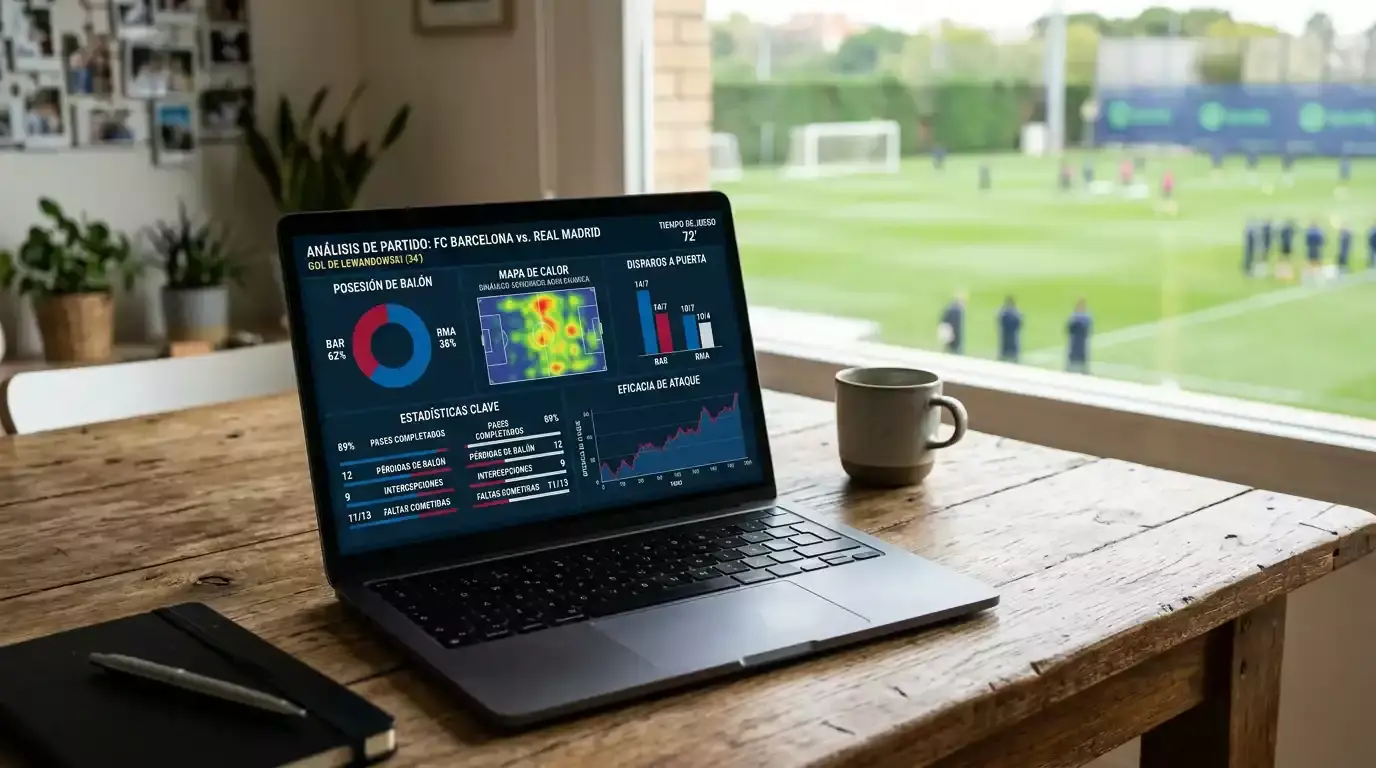 Pantalla de ordenador portátil mostrando gráficos estadísticos de partidos de fútbol con un campo de césped al fondo