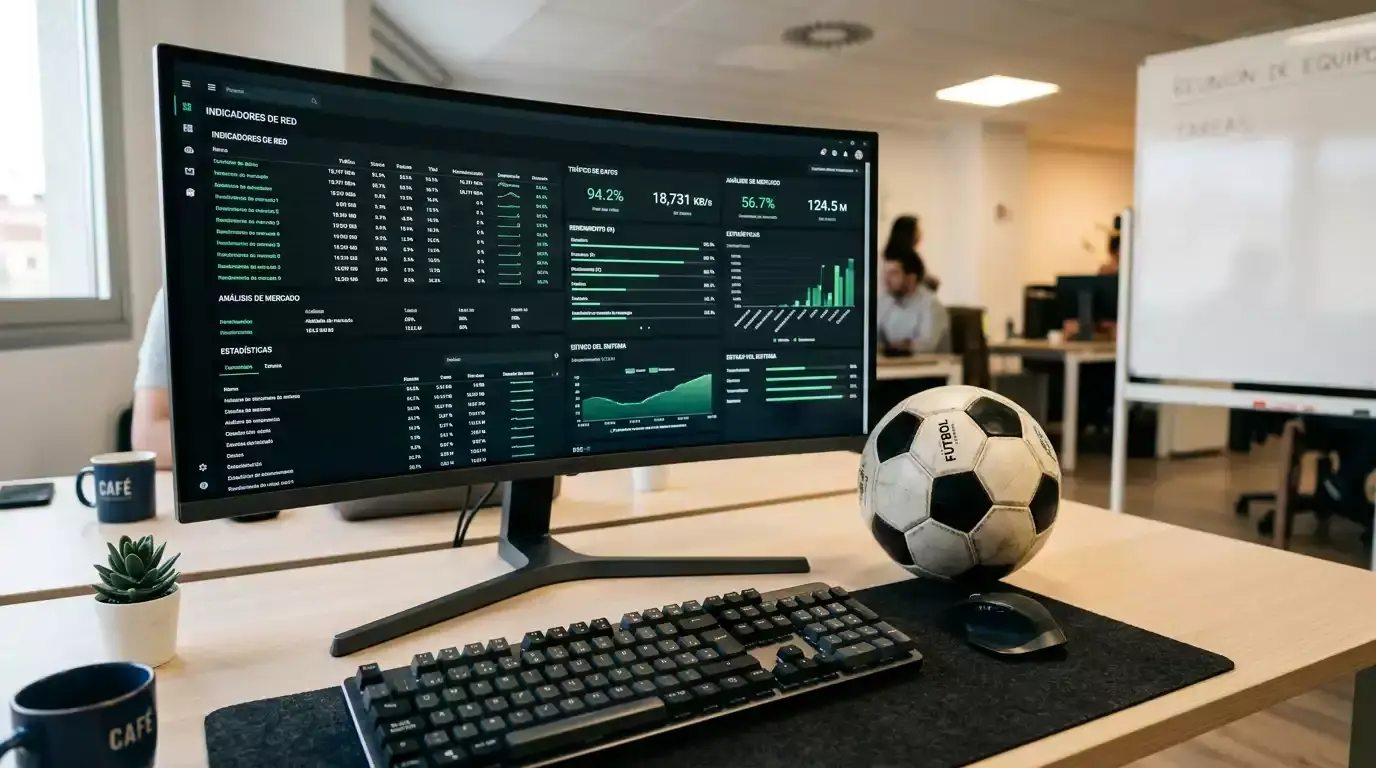 Monitor con líneas de datos junto a un balón de fútbol sobre un escritorio moderno