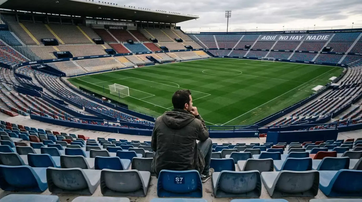 Persona pensativa con la mano en la barbilla mirando un campo de fútbol vacío desde la grada