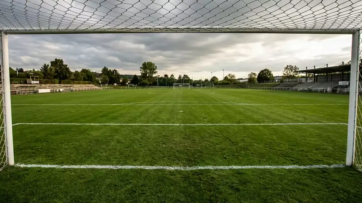 Portería de fútbol vista desde dentro de la red con el campo y las líneas del área al fondo